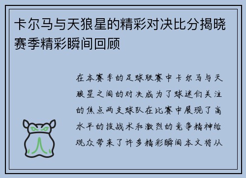 卡尔马与天狼星的精彩对决比分揭晓赛季精彩瞬间回顾